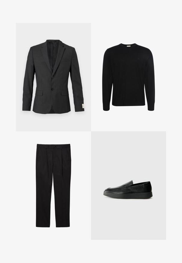 Blazer noir pour homme à deux boutons avec revers en cranté, poches à rabat sur le devant et une poche poitrine passepoilée, présenté sur un fond clair.; Pull noir à manches longues col rond avec un tissu subtilement texturé et un petit logo brodé sur la poitrine gauche.; Pantalons formels noirs pour hommes avec poches avant, passants pour ceinture, fermeture par bouton et coupe droite.; Calvin Klein HYBRID CUP - Chaussons - triple black