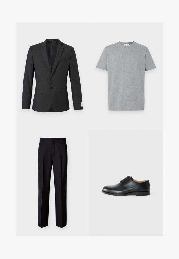 Blazer noir pour homme à deux boutons avec revers en cranté, poches à rabat sur le devant et une poche poitrine passepoilée, présenté sur un fond clair.; T-shirt en coton gris avec un col rond, des manches courtes et un petit logo sur la poitrine gauche. Design et texture simples et classiques.; Pantalon noir ajusté à coupe droite, avec un devant plissé et des poches latérales. Confectionné dans un tissu lisse et léger à motif uni.; Calvin Klein ESS DERBY - Derbies - triple black