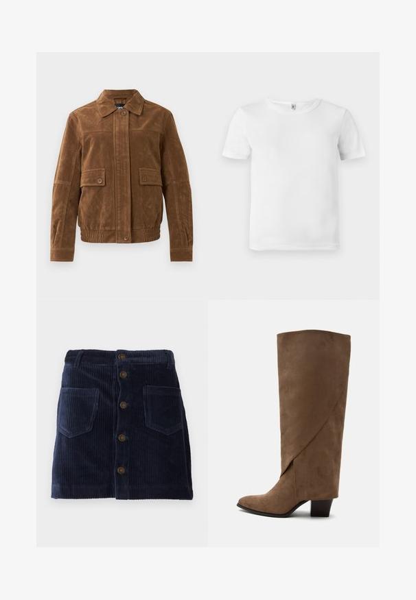 Veste en daim marron avec un col pointu, deux poches à rabat à l'avant avec des boutons, un ourlet élastiqué et une fermeture à boutons à l'avant.; T-shirt blanc à manches courtes avec une texture côtelée. Encolure classique, sans logos ni motifs visibles, et un design simple et épuré.; Jupe en velours côtelé bleu marine avec fermeture à boutons sur le devant et deux poches plaquées, présentant une texture côtelée verticale.; Botte haute marron en daim avec un détail plissé et un talon bloc de hauteur moyenne, montrée de profil sur fond blanc.