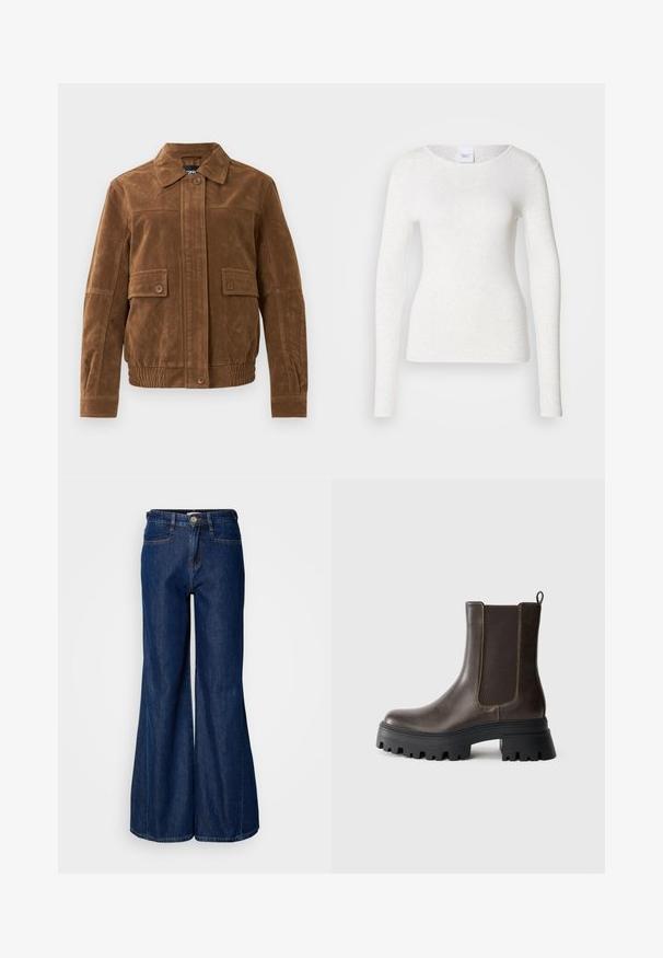 Veste en daim marron avec un col pointu, deux poches à rabat à l'avant avec des boutons, un ourlet élastiqué et une fermeture à boutons à l'avant.; T-shirt blanc à manches longues en tissu doux et léger avec un col rond et une coupe ajustée, présentant une texture subtile.; Jean en denim foncé à jambe large avec une taille haute, cinq poches et fermeture à bouton en métal. Texture lisse et détails de couture subtils.; Bottine en cuir marron avec des panneaux latéraux élastiques, semelle en caoutchouc noir épaisse, talon surélevé et détails de couture contrastés.