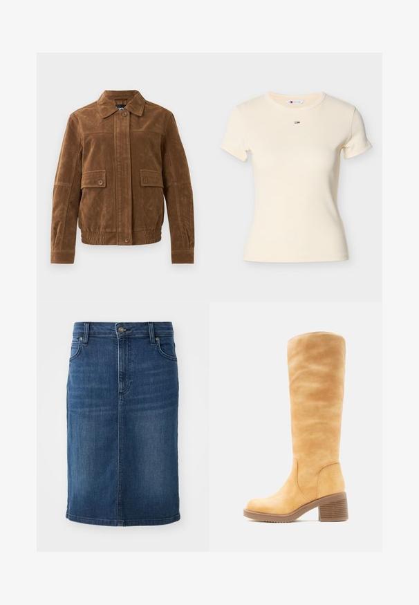 Veste en daim marron avec un col pointu, deux poches à rabat à l'avant avec des boutons, un ourlet élastiqué et une fermeture à boutons à l'avant.; T-shirt côtelé jaune clair à manches courtes, encolure ronde, avec un petit logo brodé aux rayures rouges, blanches et bleues sur la poitrine.; Jupe crayon en denim bleu foncé, avec un tissu uni, coupe mi-longue, passants de ceinture et poches avant avec zip.; Botte haute en cuir beige avec bout arrondi, talon bloc empilé et tige lisse s'étendant sous le genou, vue de profil.