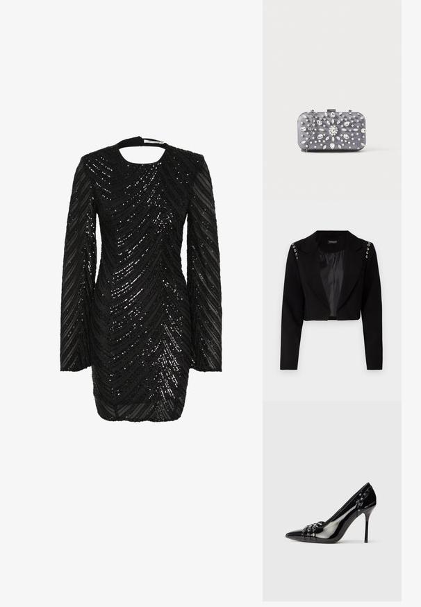 Korporeret sort blazer med notch-krave, der har sølvfarvede øjer på skuldrene og et glat indvendigt foer. Skræddersyet design med struktureret pasform.; Sort palietted kjole med lange ærmer og rund halsudskæring, prydet med et bølget mønster af skinnende sorte paletter på gennemsigtigt stof.; Sorte patentlæder stiletto hæl sko med spids tå, tre dekorative remme med nitter, og "Karl Lagerfeld" branding på hælen.; Lille rektangulær mørkegrå clutch pyntet med klare rhinsten i et strålende mønster og en sølvkæde som strop.