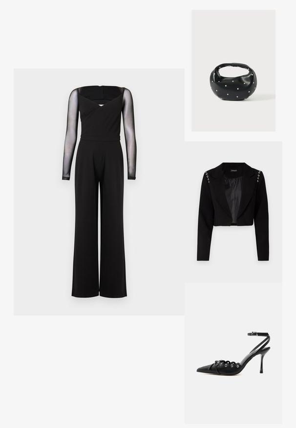 Korporeret sort blazer med notch-krave, der har sølvfarvede øjer på skuldrene og et glat indvendigt foer. Skræddersyet design med struktureret pasform.; Sort heldragt med lange ærmer i gennemsigtigt mesh, firkantet halsudskæring, tætsiddende talje og bukser med brede ben mod en ensfarvet baggrund.; Sort spids hæl med bølgede kanter, metaløjer, snørelukning foran og ankelrem med spænde.; Sort læderhåndtaske med en rundet form, dekoreret med sølvnitter, og et kort håndtag. Glat tekstur og lynlåslukning.