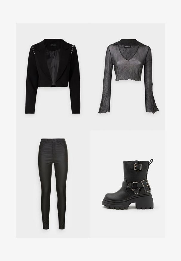 Korporeret sort blazer med notch-krave, der har sølvfarvede øjer på skuldrene og et glat indvendigt foer. Skræddersyet design med struktureret pasform.; Sort gennemskinnelig langærmet cropped top med V-hals, med en rynket tekstur og blondeaccenter på ærmerne.; Vero Moda VMSANDRA COATED - Bukser - black; Sort læder ankelstøvle med en kraftig sål, spænde- og remdetaljer samt en tekstureret overflade. Har en hælrem for nem påklædning.