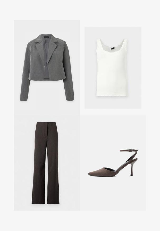 Blazer gris court avec revers cranté, manches longues et devant ouvert, présenté sur fond blanc.; Débardeur blanc côtelé avec bretelles bordées de dentelle et bords festonnés, présenté sur un fond gris clair.; Pantalon large taille haute gris foncé avec une couture frontale et une fermeture dissimulée, présenté sur un fond blanc.; Chaussure à talon haut en daim marron à bout pointu, avec une fine bride de cheville et une boucle argentée sur fond blanc.