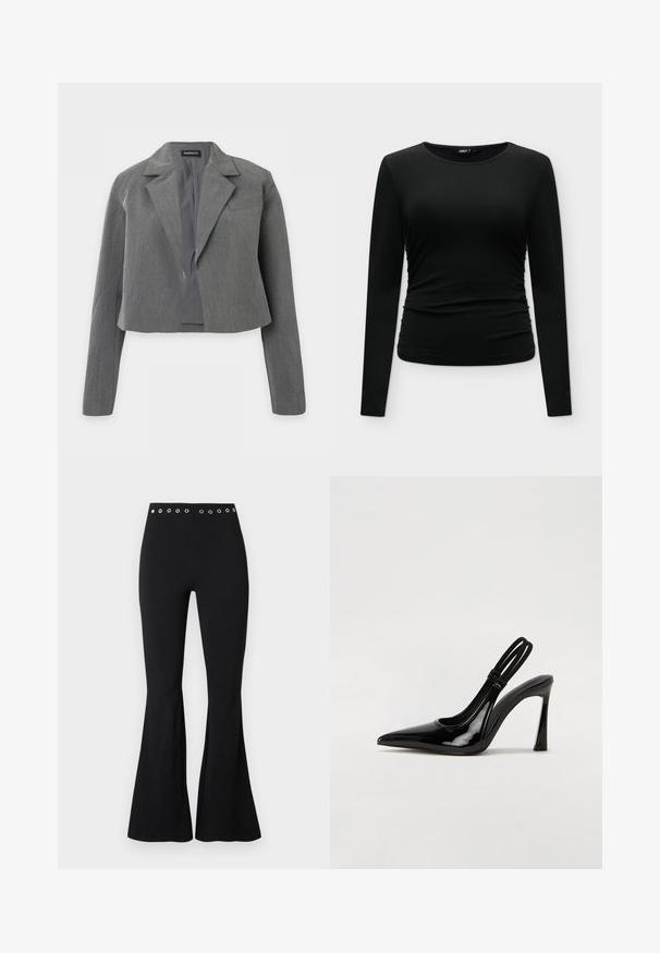 Blazer gris court avec revers cranté, manches longues et devant ouvert, présenté sur fond blanc.; Haut noir ajusté à manches longues avec un léger froncé sur les côtés et un col rond, présenté sur un fond blanc uni.; Pantalon noir taille haute ajusté avec des œillets métalliques sur la ceinture et des jambes évasées.; Escarpin en cuir verni noir à talon aiguille, à bout pointu, avec une sangle élastique double pour un maintien sécurisé. Surface lisse et brillante.