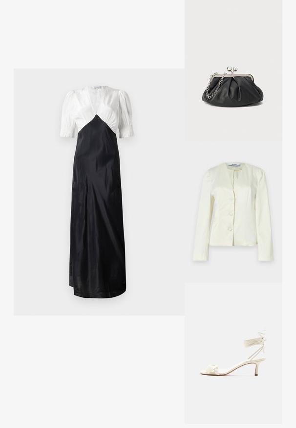 Veste blanche ajustée avec manches longues, col en V et trois boutons sur le devant. Confectionnée en tissu lisse avec une coupe structurée.; Robe longue avec un haut en satin blanc et une jupe en satin noir, dotée de manches bouffantes et d'un décolleté en V profond. Texture lisse, design élégant.; Sandale à talon bas de couleur crème avec des liens à nouer autour de la cheville et une large bride torsadée sur les orteils, sur un fond blanc uni.; Porte-monnaie en cuir noir avec texture froncée, cadre en métal argenté, fermeture à verrouillage kiss-lock et bandoulière en chaîne. Surface lisse et douce.