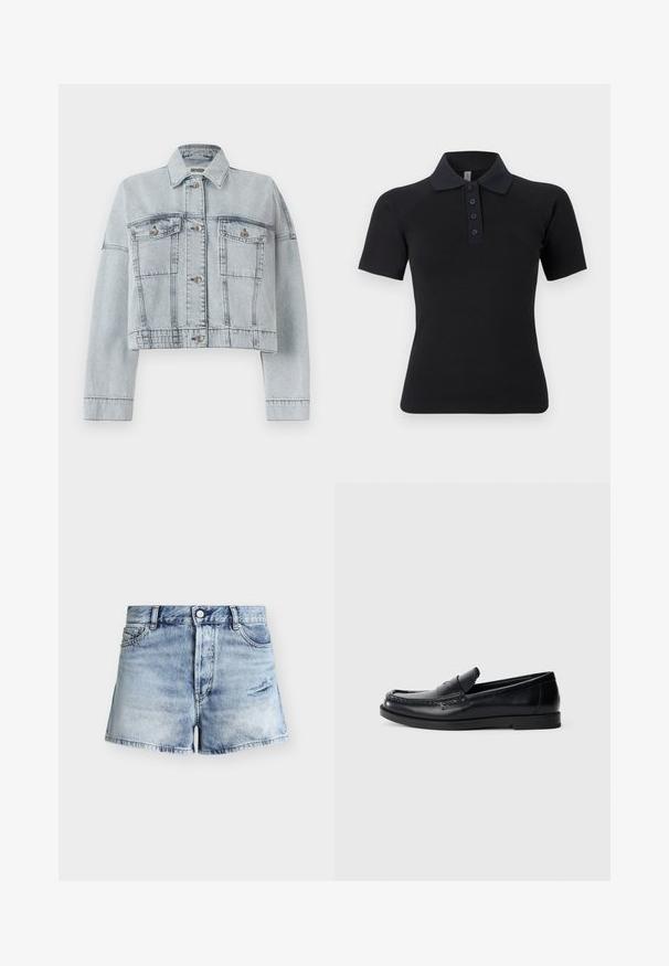 Lys blå denimjakke med en cropped design, der har to forlommer, knaplukning og en klassisk krave. Glat tekstur og syede detaljer.; Sort polo skjorte med korte ærmer, ribbet krave og stolpelukning med fem knapper. Fremstillet i et glat, strækbart stof.; Lyseblå denimshorts med knaplukning, bæltestropper, forlommer og en lille distressed plet på højre ben.; Sorte læder loafers med en syet accentdesign, rund tå, flad gummisål og en glat finish. Klassisk, alsidig silhuet.