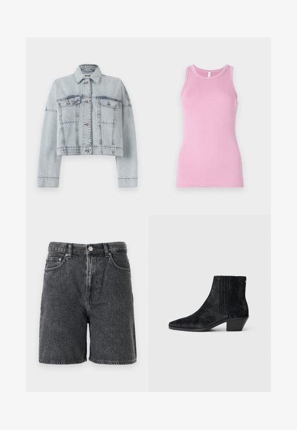 Lichtblauwe spijkerjas met een cropped ontwerp, voorzien van twee voorzakken, knoopsluiting en een klassieke kraag. Gladde textuur en gestikte details.; Roze tanktop met een aansluitend ontwerp, voorzien van een ronde halslijn en ribbeltextuur. Geen patronen of accenten aanwezig.; Zwarte gewassen denimshorts met riemlusjes, een voorknop, ritssluiting en klassiek vijf-pocket ontwerp.; Zwarte enkelboot met een spitse neus, textuur die lijkt op haar, ribbelpaneel aan de zijkant en een lage blokhak. Eenvoudig en modern ontwerp.