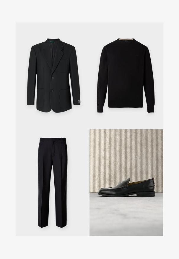 Sort blazer lavet af glat stof, med en nedskåret revers, to frontlommer, to knapper og et diskret logo på ærmet.; Sort strikket sweater med rund hals, ribstrikkede manchetter og kant, der har et diskret logo på brystet og en kontrasterende indre halskant.; Sorte skræddersyede bukser med lige snit, foldet forstykke og sidelommer. Fremstillet af et glat, let stof med et ensartet mønster.; Sort læder herreloafer med krokodillepræget forstykke og lav hæl, vist i profil på en neutral baggrund.