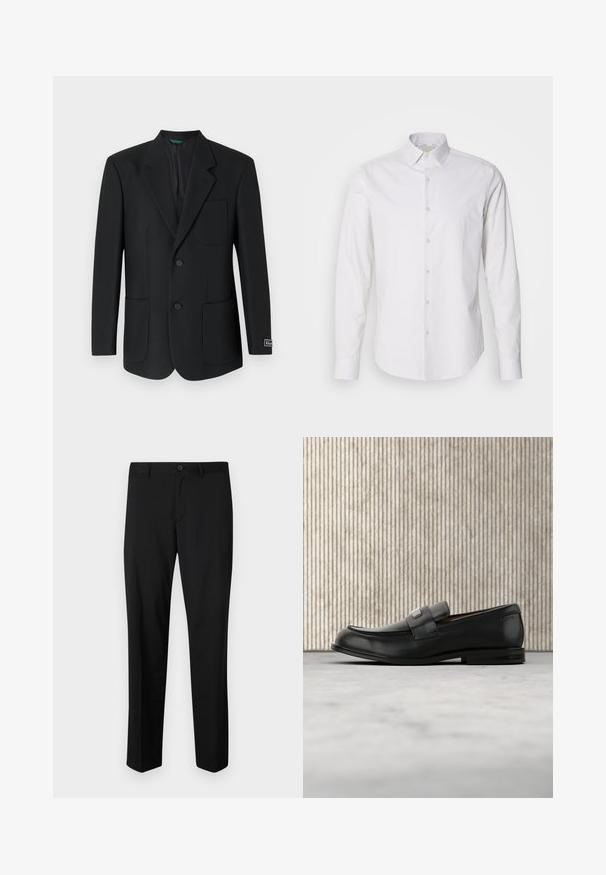 Zwarte blazer van soepel materiaal, met een notch-kraag, twee voorzakken, twee knopen en een subtiele logo op de mouw.; Witte longsleeve shirt met een puntig kraag, knopenfront, gemaakt van een gladde stof. Heeft een subtiele gestreepte textuur.; Zwarte op maat gemaakte broek met een platte voorkant, standaard taille en rechte pijpen. Gemaakt van een gladde stof, met een enkele knoopsluiting.; Zwarte leren loafer met een metalen merktekenplaatje, rustend bij een bruine ronde tafel op een beige tapijtvloer.