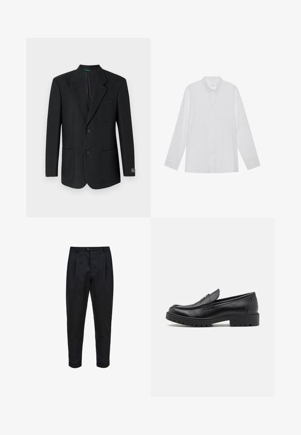 Zwarte blazer van soepel materiaal, met een notch-kraag, twee voorzakken, twee knopen en een subtiele logo op de mouw.; Witte blouse met lange mouwen van soepel stof, met een puntige kraag, voorkant met knoopsluiting en manchetten met één knoop.; Zwarte broek van een gladde stof, met een geplooide voorkant, taps toelopende pasvorm en opgerolde mouwen. Eenvoudige knoopsluiting bij de taille.; Zwarte leren instappers met een ronde neus, slip-on ontwerp en dikke rubberen zool met een gestructureerde grip. Verhoogde hak en subtiele stikdetails.