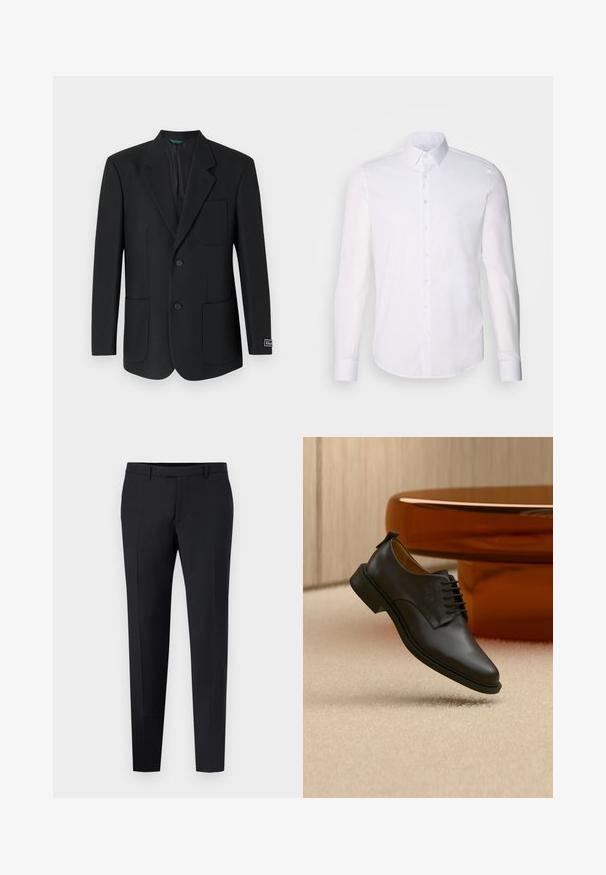 Sort blazer lavet af glat stof, med en nedskåret revers, to frontlommer, to knapper og et diskret logo på ærmet.; Hvid langærmet button-up skjorte lavet af bomuld, med en klassisk krave, frontknapper og minimal syning detalje.; Sorte skræddersyede bukser med slim fit, der har flad front, bæltestropper og ingen synlige mønstre eller detaljer. Glat tekstur.; Sort læder snørestøvle til mænd, der svæver over en beige tæppe, med et brunt rundt sofabord i baggrunden.