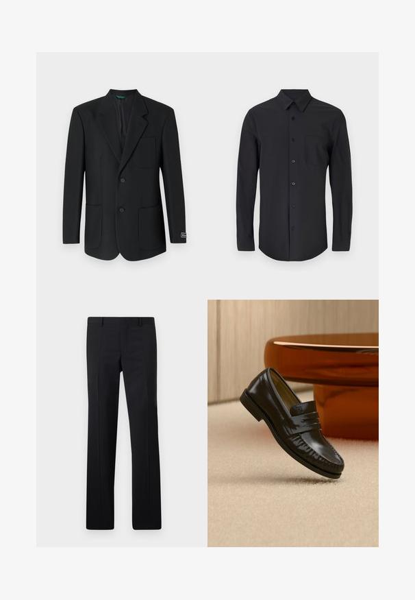 Sort blazer lavet af glat stof, med en nedskåret revers, to frontlommer, to knapper og et diskret logo på ærmet.; Sort langærmet skjorte i et glat materiale med klassisk krave, knaplukning og en brystlomme på venstre side.; Sorte skræddersyede bukser med et lige ben design, skarpe folder og en glat overflade. Fremstillet af letvægtsstof med en ren talje.; Skinnende sort læderloafer med remdetalje, placeret på beige tæppe nær et rundt brunt sofabord i et blødt oplyst rum.
