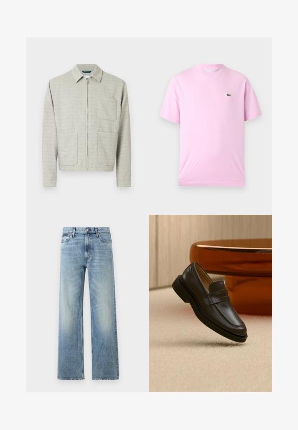 Veste gris clair zippée en tissu texturé, avec un col pointu, deux poches avant et des manches longues à coupe droite.; T-shirt à manches courtes rose clair avec col rond et petit logo crocodile vert sur la poitrine gauche, présenté sur un fond neutre.; Jean droit en denim bleu clair avec taille haute, cinq poches, fermeture à boutons et léger délavage sur les cuisses et les genoux.; Mocassin en cuir noir flottant au-dessus d'un tapis beige avec des meubles arrondis marron en arrière-plan.