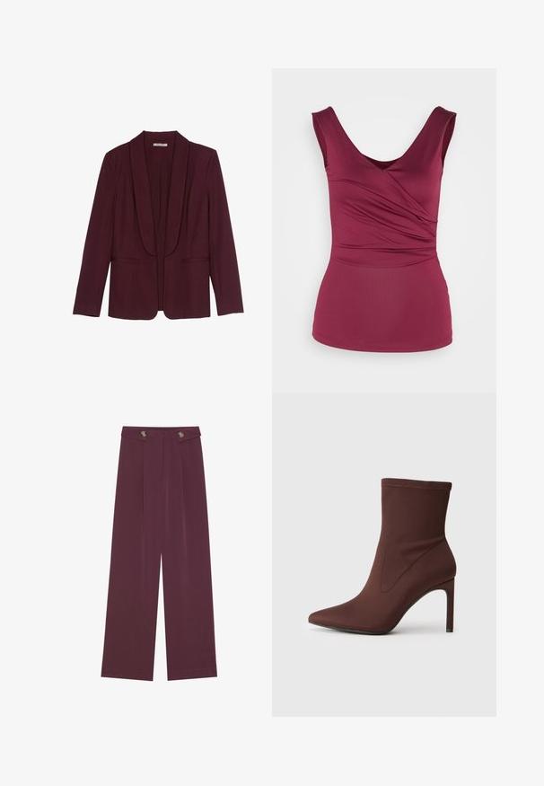 Blazer bordeaux avec un col châle, poches avant doubles et une texture de tissu lisse. Coupe structurée avec des manches longues et sans boutons.; Anna Field Débardeur - dark red; Pantalons taille haute, jambes larges en prune profonde avec deux boutons à la taille et des poches latérales, présentés à plat sur un fond blanc.; Botte de cheville en tissu stretch marron avec un bout pointu et un talon stiletto de 10 cm. Détails de couture sur les côtés, texture lisse et sans fermetures visibles.