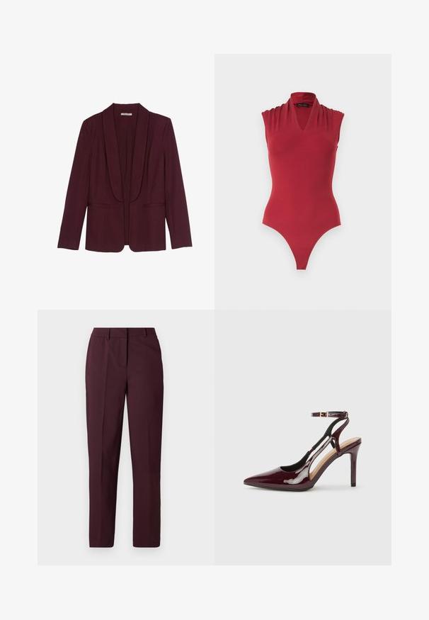 Blazer bordeaux avec un col châle, poches avant doubles et une texture de tissu lisse. Coupe structurée avec des manches longues et sans boutons.; Body rouge sans manches avec un décolleté en V et des détails froncés aux épaules, conçu pour une silhouette ajustée.; Pantalon droit bordeaux avec une texture lisse, présentant un devant plat et sans poches visibles. Coupe ajustée avec une coupe classique.; Chaussure à talon haut en cuir verni bordeaux avec bout pointu, sangle de cheville et découpes sur les côtés. Fini élégant et brillant.