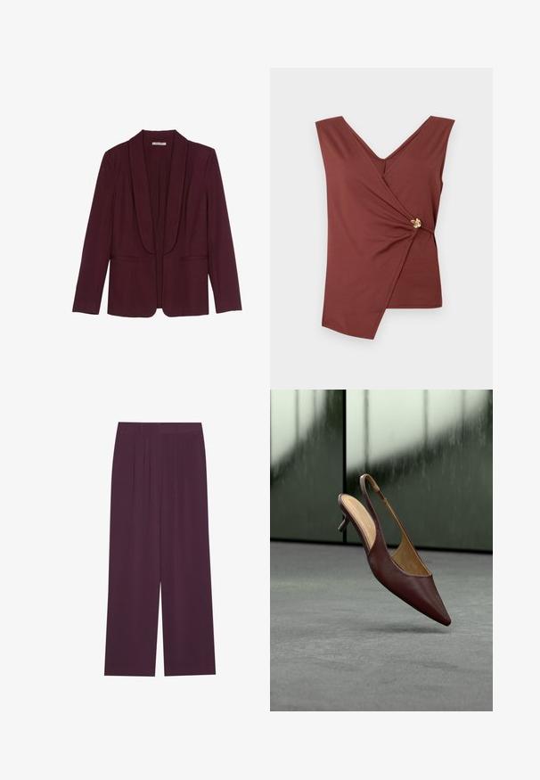 Blazer bordeaux avec un col châle, poches avant doubles et une texture de tissu lisse. Coupe structurée avec des manches longues et sans boutons.; Top sans manches marron avec un ourlet asymétrique et un fermoir décoratif en or sur le côté.; Pantalons larges en tissu violet profond, dotés de plis, d'une texture lisse et de poches latérales pour plus de fonctionnalité.; Escarpin slingback en cuir marron foncé avec un bout pointu suspendu au-dessus d'un sol gris devant une fenêtre en verre floue.