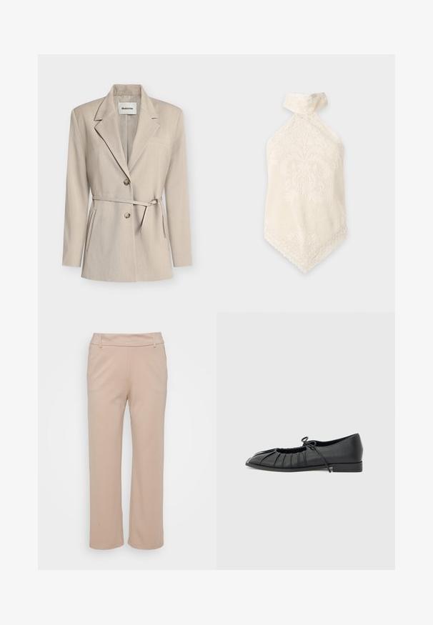 Blazer beige avec une coupe ajustée, revers crantés, fermeture à double bouton, taille ceinturée et poches latérales. Tissu lisse avec une texture subtile.; Haut dos nu en dentelle couleur crème avec motifs floraux et ourlet pointu, suspendu sur un fond clair uni.; Pantalons beige à jambe large en tissu doux ; dotés d'une taille lisse et de poches latérales, avec une silhouette propre et ajustée.; Chaussure plate noire avec design plissé à l'avant et un nœud noué sur le dessus, petit talon, et texture lisse sur un fond gris clair.
