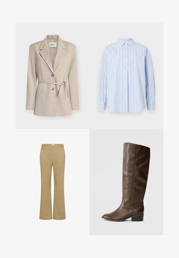 Blazer beige avec une coupe ajustée, revers crantés, fermeture à double bouton, taille ceinturée et poches latérales. Tissu lisse avec une texture subtile.; Chemise bleu clair à manches longues avec des rayures verticales blanches, trois boutons blancs sur la patte de boutonnage avant, et un col classique sur fond uni.; Pantalon beige à jambes droites avec passants pour ceinture, fermeture éclair à l'avant et une poche passepoilée unique sur le côté droit, présenté sur un fond blanc.; Botte en cuir marron jusqu'au genou avec une texture lisse, un bout pointu et un petit talon empilé. Présente des coutures discrètes le long des coutures.