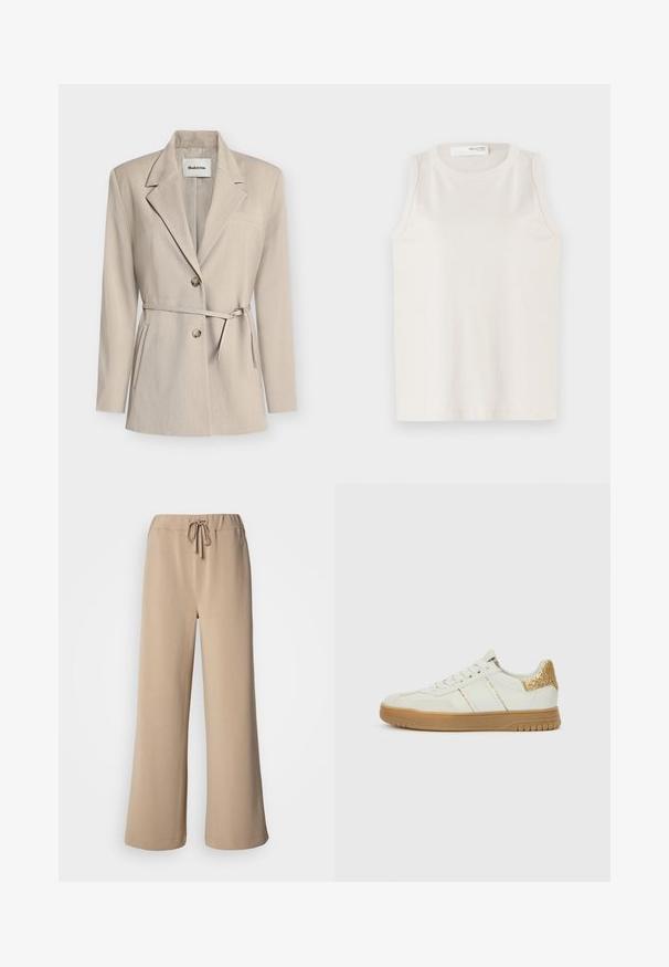 Blazer beige avec une coupe ajustée, revers crantés, fermeture à double bouton, taille ceinturée et poches latérales. Tissu lisse avec une texture subtile.; Haut sans manches blanc en tissu doux et lisse. Il présente un col rond et un design simple sans embellissements ni motifs.; Pantalon beige à jambes larges avec une ceinture élastique et un cordon de serrage. Confectionné dans un tissu doux à la texture lisse, avec un ourlet surpiqué.; Baskets blanches avec une tige en cuir texturé, deux bandes dorées claires, et un accent de talon doré pailleté. Semelle en gomme avec une bande de roulement à motif.
