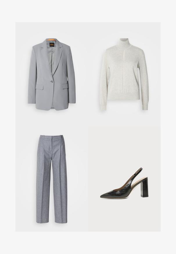 Lys grå blazer med en enkelt knaplukning, kliklapeller og to forlommer. Glat tekstur og orange foring indeni.; Lys grå sweater med høj krave og kvart lynlås. Lavet af et blødt, struktureret materiale, der har lange ærmer og en tætsiddende kant.; Lys grå bredbenede bukser i et struktureret stof, med plisseringer foran og en skræddersyet talje. Minimalistisk design, ingen synlig hardware.; Sort læder peep-toe slingback sko med høj blokhæl og beige indvendig foring mod en ensfarvet lys baggrund.