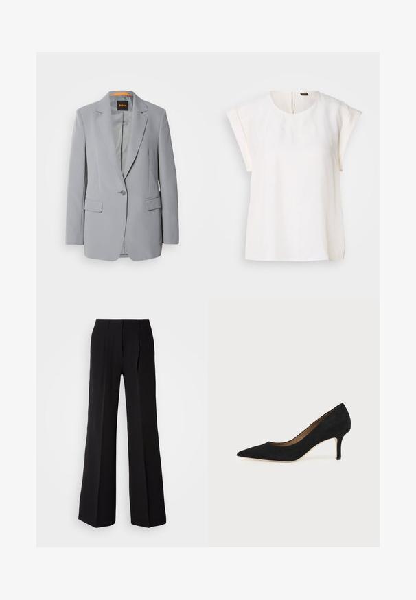 Lys grå blazer med en enkelt knaplukning, kliklapeller og to forlommer. Glat tekstur og orange foring indeni.; Hvid bluse med korte ærmer, rund halsudskæring og løs pasform, med et lille sort og orange mærke på bagsiden af kraven.; Sorte bukser lavet af glat stof, med høj talje, bred ben silhuet og to frontfolder for ekstra design detaljer.; Sort ruskind spids tå højhælet pumpe med en slank mellemhøj stilethæl og et lavt snit på en ensfarvet baggrund.