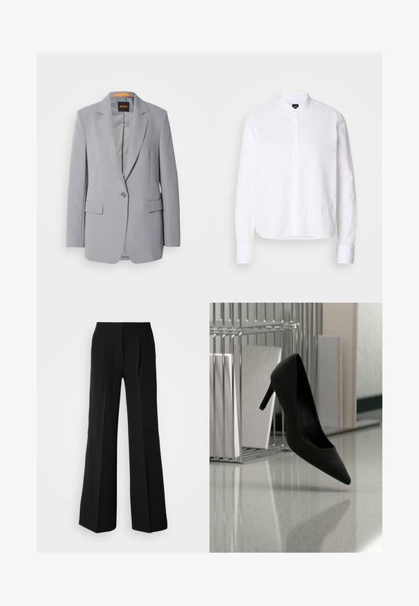 Lys grå blazer med en enkelt knaplukning, kliklapeller og to forlommer. Glat tekstur og orange foring indeni.; Hvid skjorte med krave, front placket, lange ærmer og knapmanchetter. Lavet af glat bomuldsstof med en struktureret pasform.; Sorte bukser lavet af glat stof, med høj talje, bred ben silhuet og to frontfolder for ekstra design detaljer.; Sort højhælet sko balancerende på hælen på en reflekterende bordplade nær metalfilholder med hvide mapper.