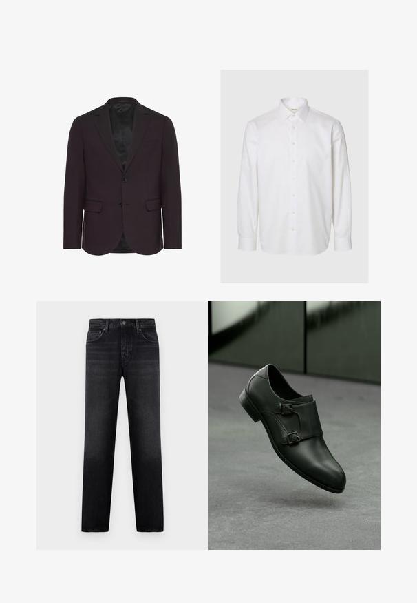 Blazer de color púrpura oscuro, de un solo botón con dos botones, con solapas muesca, dos bolsillos frontales y un interior forrado de satén. Textura suave.; Camisa blanca de manga larga hecha de algodón, con cuello clásico, cierre de botones en la parte frontal y puños abotonados. Textura lisa sin patrones visibles.; Vaqueros negros de corte recto con cinco bolsillos, trabillas para cinturón y cierre frontal de botón y cremallera, presentados sobre un fondo liso.; Zapato de cuero negro con un diseño elegante, que presenta dos hebillas plateadas y una punta redondeada, sobre un fondo gris.