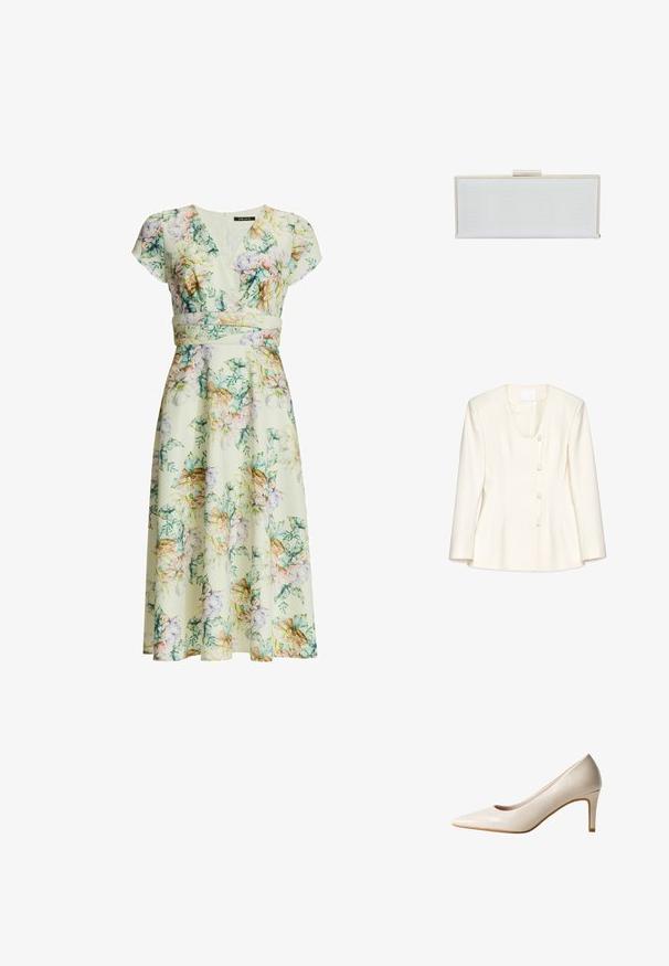 Hvid skræddersyet blazer lavet af glat stof, der har en dyb scoop-halsudskæring og fem runde knapper fortil med subtile folder.; Blomstret midi-kjole med kappelærmer, V-hals, figursyet talje og pastelfarvede blomster i grønne, pink, lilla og beige nuancer på en cremefarvet baggrund.; Beige spids tå højhælet sko med en mellemhøj stilet-hæl og glat, let blank finish, vist i sideprofil.; Hvid rektangulær clutch med tekstureret overflade, guldfarvet metalramme og lås. Simpelt design uden synlige mønstre eller dekorationer.