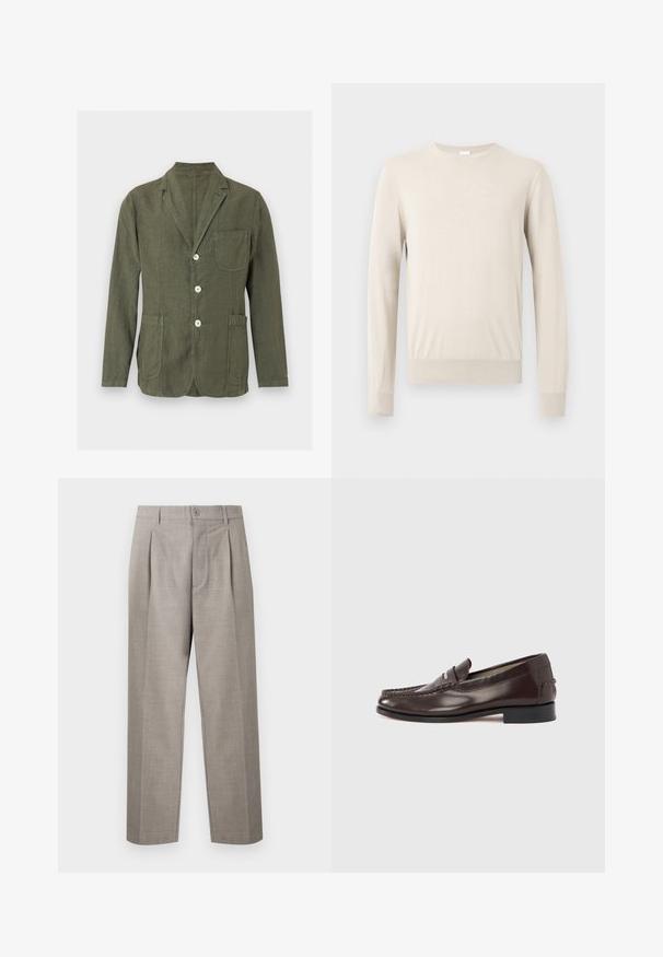 Blazer décontracté vert olive avec revers crantés, trois boutons blancs et trois poches plaquées à l'avant.; Pull beige à manches longues avec encolure ronde, poignets et ourlet côtelés, présenté sur un fond clair uni.; Pantalon droit de costume gris clair avec plis, passants pour ceinture, fermeture par bouton et braguette à glissière, présenté sur un fond uni.; Mocassins en cuir marron avec un bout style mocassin, des coutures décoratives et un talon bas. Texture lisse avec un léger éclat.