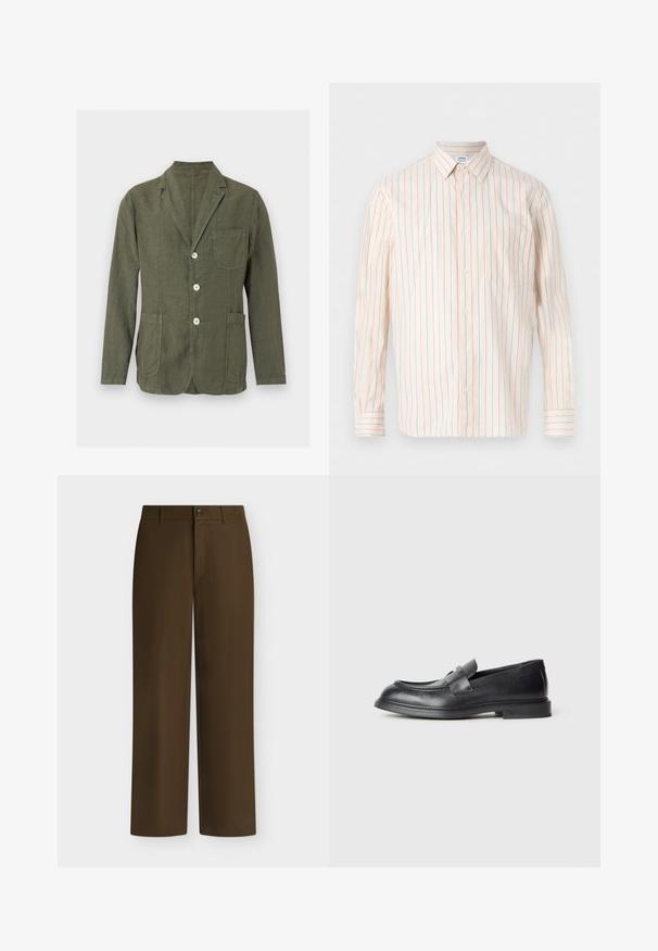 Blazer décontracté vert olive avec revers crantés, trois boutons blancs et trois poches plaquées à l'avant.; Chemise blanche à manches longues avec boutons, à rayures verticales rouges et bleues, dotée d'une poche poitrine unique, posée à plat sur un fond blanc.; Pantalon marron droit avec passants de ceinture, fermeture avant par bouton et zip, présenté sur un fond clair uni.; Mocassins en cuir noir avec une finition texturée, dotés d'une bride décorative à l'avant et d'un bout arrondi. Semelle en caoutchouc pour plus de durabilité.