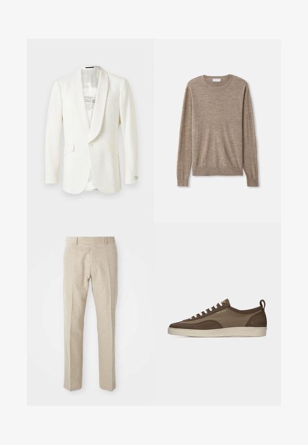 Hvid formel blazer med satin sjalskrave, enkelt knaplukning og to forlommer. Glat stof med skræddersyet silhuet.; Beige sweater lavet af fint strikket materiale. Har en rund halsudskæring, lange ærmer samt ribkantede manchetter og søm. Simpelt og klassisk design.; Beige skræddersyede bukser lavet af tekstureret stof, med flad front, lige ben og en traditionel talje med bæltesløjfer.; Lavprofileret brun sneaker med hvide snørebånd, beige sål, stof og ruskindsoverdel, side pull-tab og "Tiger of Sweden" logo i guldtekst.