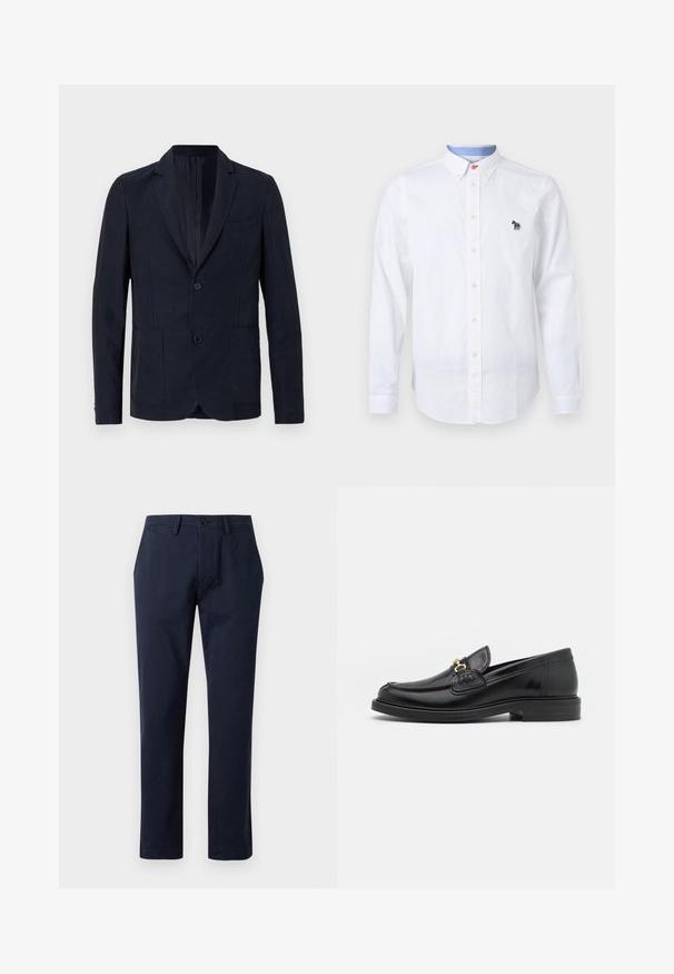 OFFICINE GENERALE NEHEMIAH - Blazere - night sky; Hvid skjorte med knaplukning lavet af bomuld, med krave, lange ærmer og et broderet farverigt zebra-logo på brystet.; Marineblå bukser med lige ben, bæltestropper, knaplukning foran og sidelommer, vist mod en ensfarvet baggrund.; Sorte læder loafers med en rund tå, der har guld hardware accent og syningsdetaljer, placeret på en lav, tekstureret gummisål.
