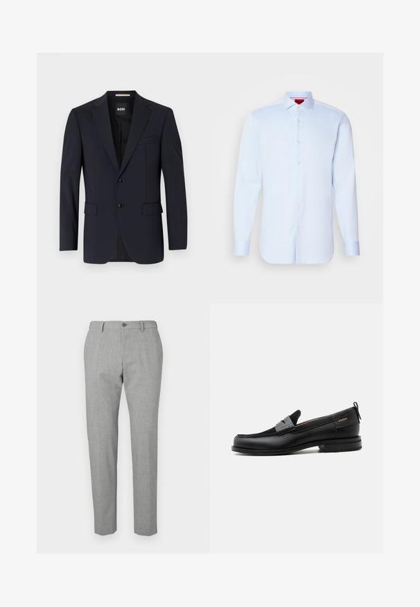 Blazer navy de tejido suave, con un cierre de dos botones, solapas con muesca y dos bolsillos frontales, además de un bolsillo en el pecho.; Camisa de botones de manga larga en azul claro con cuello extendido, dobladillo redondeado y botones blancos. Tejido suave con un brillo sutil.; Pantalones grises hechos de una tela texturizada, con cierre de botón, un ajuste entallado y un diseño de pierna recta.; Mocasín de cuero negro con detalle de tira gris, tacón bajo y suela texturizada, con la marca "HUGO" en oro en el lateral.