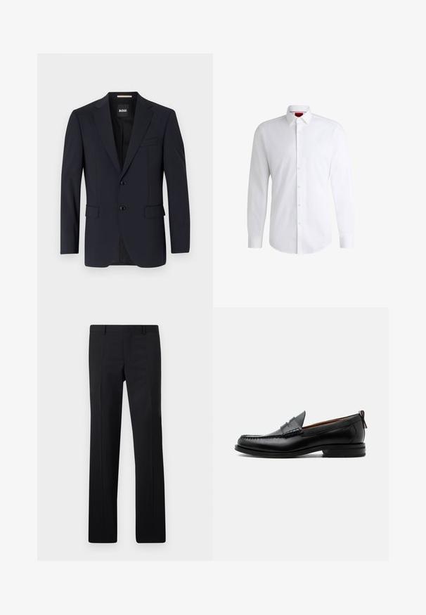 Blazer navy de tejido suave, con un cierre de dos botones, solapas con muesca y dos bolsillos frontales, además de un bolsillo en el pecho.; Camisa blanca de botones, confeccionada en tela suave, con collar clásico, mangas largas y dobladillo curvado. Presenta botones beige en la parte delantera.; Pantalones negros ajustados con un diseño de pierna recta, pliegues marcados y un acabado suave. Fabricados en tejido ligero con una cintura limpia.; Mocasín de hombre de piel negra con costura moc toe, tira penny, cuello texturizado y tacón bajo apilado sobre fondo blanco.