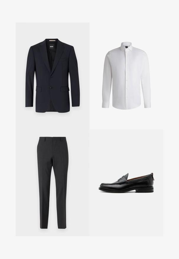 Blazer navy de tejido suave, con un cierre de dos botones, solapas con muesca y dos bolsillos frontales, además de un bolsillo en el pecho.; Camisa blanca de manga larga hecha de algodón suave, con un cuello clásico, botonera completa y puños abotonados. Diseño minimalista.; Pantalones tailored en gris oscuro con una textura suave, de corte ajustado, frente plano y pasadores para cinturón, diseñados para atuendos formales o de negocios.; Mocasín de hombre de piel negra con costura moc toe, tira penny, cuello texturizado y tacón bajo apilado sobre fondo blanco.