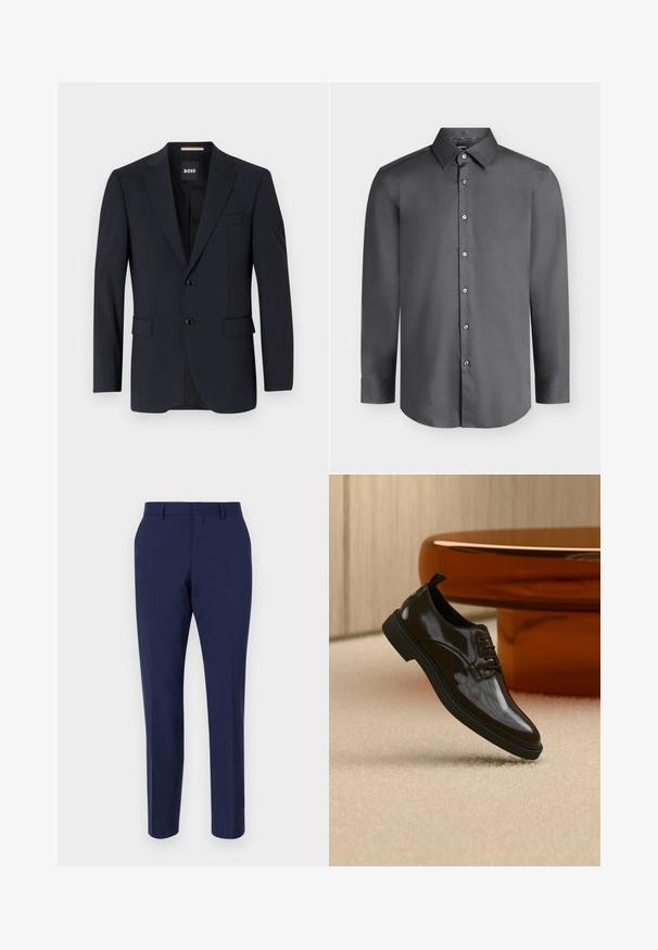 Blazer navy de tejido suave, con un cierre de dos botones, solapas con muesca y dos bolsillos frontales, además de un bolsillo en el pecho.; Camisa de vestir para hombre de manga larga en gris oscuro con cuello puntiagudo y botones delanteros, mostrada sobre un fondo gris claro.; Pantalones ajustados azul marino hechos de una tela suave, con un corte slim, frente plano y una cinturilla estándar con pasadores para cinturón.; Zapato de vestir negro brillante de cuero con cordones flotando sobre una alfombra beige con una mesa redonda marrón brillante al fondo.