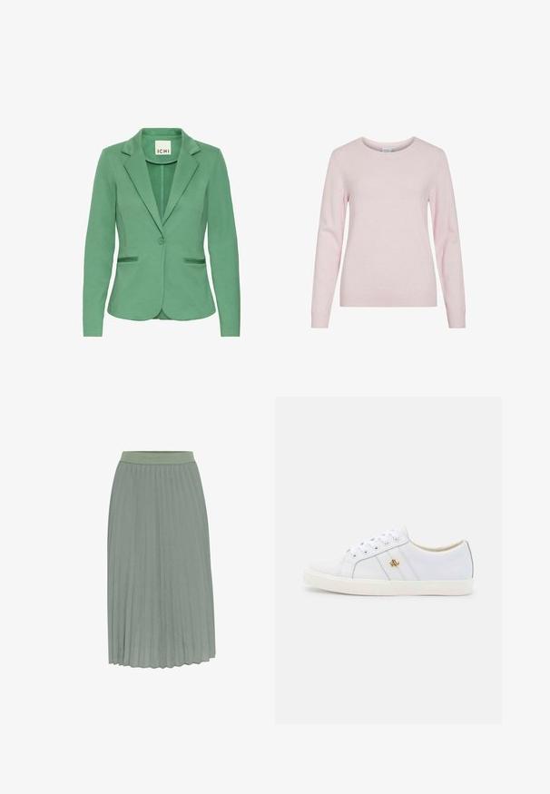 Grøn blazer med klapkrave, enkelt knaplukning og to forlommer. Fremstillet af struktureret stof med en skræddersyet pasform.; Lyserød langærmet strikket sweater med rund halsudskæring og ribstrikkede manchetter og kant, vist på hvid baggrund.; Plisseret midi nederdel i blødt grønt stof med elastisk talje. Har lodrette plisseringer for ekstra tekstur og bevægelse.; Lauren Ralph Lauren JANSON II ACTION LEATHER SNEAKER - Sneakers - real white