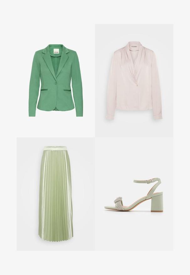Grüner Blazer mit abgesetztem Revers, einer Knopfverschluss und zwei vorderen Taschen. Aus strukturiertem Stoff gefertigt, mit einer taillierten Passform.; Helle rosa Bluse mit langen Ärmeln, drapiertem Ausschnitt, glatter Textur und einem einzigen Knopfverschluss an der Vorderseite. Weicher Stoff, lockere Passform.; Gefalteter Rock aus leichtem grünen Satin mit einem breiten Bund und vertikalen Falten, die eine glatte, fließende Silhouette erzeugen.; Helles grüne Absatzsandalen mit quadratischer Zehenform, ausgestattet mit einem strukturierten, geknoteten Riemen, der mit silbernen Perlen verziert ist, und einem dicken Blockabsatz.