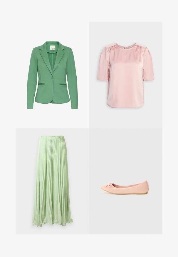 Grøn blazer med klapkrave, enkelt knaplukning og to forlommer. Fremstillet af struktureret stof med en skræddersyet pasform.; ONLY ONLESTA - Bluse - rose smoke; Lys grøn plisseret lang skirt lavet af let stof med elastisk talje, præsenteret mod en hvid baggrund.; Ballet flade sko i lys pink syntetisk materiale med en rund tå, der har en lille sløjfedetalje og en fleksibel sål.