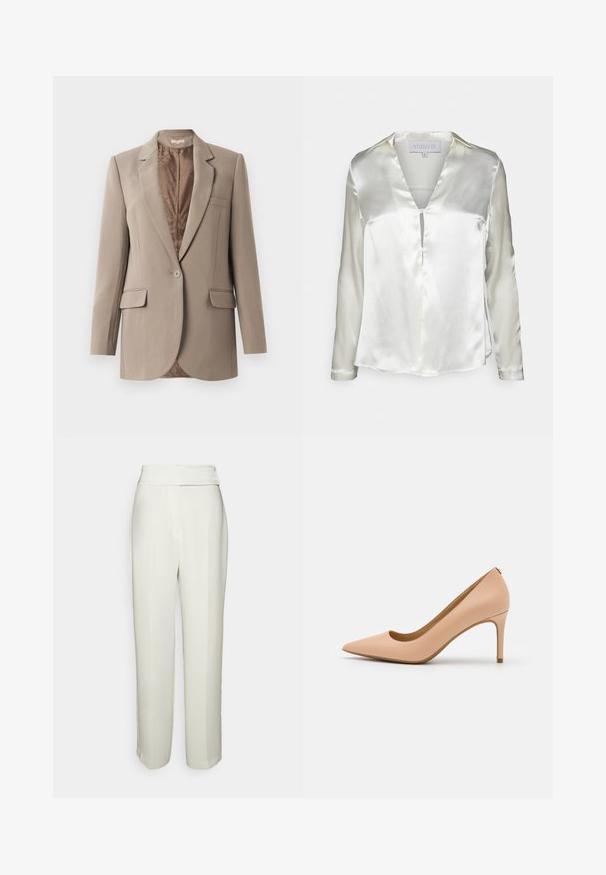 Beige blazer lavet af glat stof, med en notched lapel, en enkelt knaplukning og to frontlommer, med en kontrasterende brun foret.; STUDIO ID ALYSSA - Bluse - champagne; Halston KARTER WEDDING PANT - Bukser - chalk; Nude læder højhælede pumper med spids tå, glat tekstur og en slank hæl. Minimalistisk design med lav udskæring.