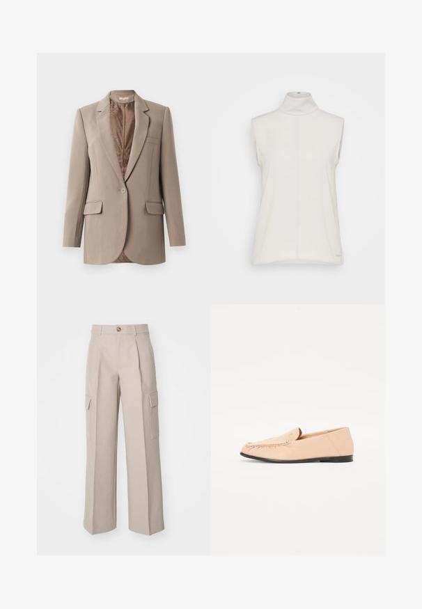 Beige blazer lavet af glat stof, med en notched lapel, en enkelt knaplukning og to frontlommer, med en kontrasterende brun foret.; Ærmeløs hvid turtleneck top i glat stof, med en central søm og et diskret logo-tag i bunden. Minimalistisk design.; Beige brede bukser lavet af stof, med frontfolder og to sidecargo-lommer. Indeholder en frontknaplukning.; Beige læder loafers med syet detaljer, en flad sort sål og en rund tå. Minimalistisk design uden fremtrædende hardware eller accenter.