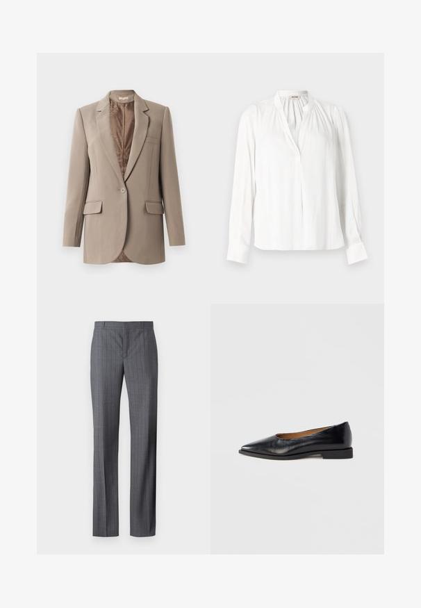 Beige blazer lavet af glat stof, med en notched lapel, en enkelt knaplukning og to frontlommer, med en kontrasterende brun foret.; Hvid langærmet bluse med opretstående krave, samlet plissering nær halsudskæringen og skjult knappelukning foran.; Grå stikstribede bukser lavet af glat stof, med lige ben design, flad front og uden synlige lommer eller pynt.; Sort læder flad sko med spids tå og lav firkantet hæl. Glat tekstur, minimalistisk design og uden synlige beslag eller mønstre.