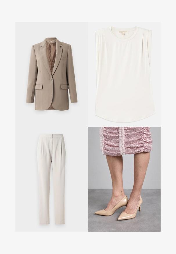 Beige blazer lavet af glat stof, med en notched lapel, en enkelt knaplukning og to frontlommer, med en kontrasterende brun foret.; Hvid ærmeløs top lavet af glat stof, med en rund hals og subtile plisseringer på skuldrene, samt en buet kant.; Beige skræddersyede bukser i et glat, mat stof. Har folder foran og en tætsiddende talje, med lige, slanke ben.; Beige patenteret læderhæle med spids tå og slank hæl. Glat tekstur med et strømlinet design. Båret med en pink glitrende kjole.