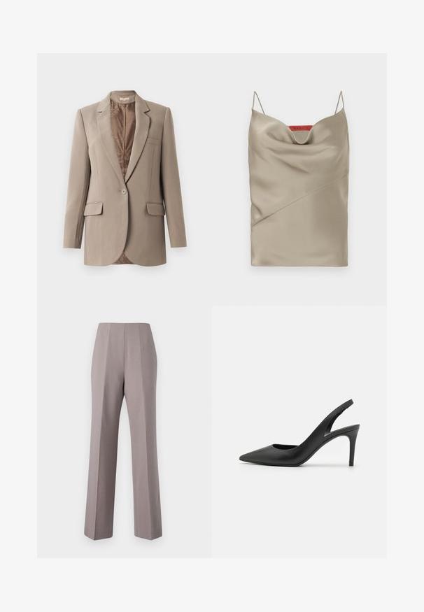 Blazer beige en tissu lisse, avec un revers à cran, fermeture à un bouton, et deux poches avant, avec une doublure marron contrastante.; Camisole en satin de couleur taupe clair avec un décolleté drapé, des bretelles fines et ajustables, et des détails de couture diagonaux. Étiquette de marque en rouge à l'arrière.; Pantalons gris ajustés avec une taille haute, des jambes larges et des plis avant marqués. Fabriqués en tissu lisse, avec des bords nets et sans quincaillerie visible.; Escarpins à talon aiguille en cuir noir, avec un design à bout pointu, présentant une découpure à l'avant et un talon fin.
