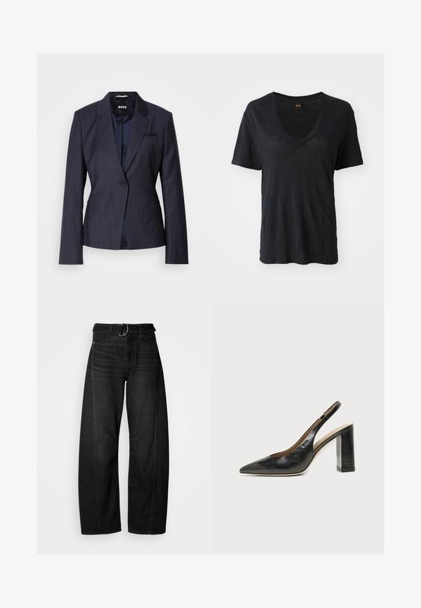 Blazer à rayures bleu marine foncé avec une fermeture à un bouton, des revers crantés et deux poches avant. Doublure intérieure lisse visible.; T-shirt noir à manches courtes avec col en V, fabriqué en tissu doux, présentant une coupe décontractée et des détails texturaux discrets à l'avant.; Jean noir à jambes larges en denim, avec une taille ceinturée et des détails de poches décontractés. Présente une finition brute à l'ourlet et des coutures minimales.; Chaussure slingback en cuir noir à bout pointu avec un talon bloc haut et une doublure intérieure beige sur un fond clair uni.