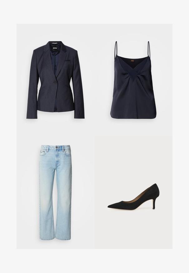 Blazer à rayures bleu marine foncé avec une fermeture à un bouton, des revers crantés et deux poches avant. Doublure intérieure lisse visible.; Camisole en soie navy avec de fines bretelles, décolleté en V et détails froncés au niveau de la poitrine ; texture lisse et coupe décontractée.; Jeans à jambes larges bleu clair en denim, présentant un design classique à cinq poches et une texture légèrement décolorée. La couture en denim est visible.; Escarpin en daim noir à bout pointu avec un talon stiletto fin de hauteur moyenne et un design à coupe basse sur un fond uni.