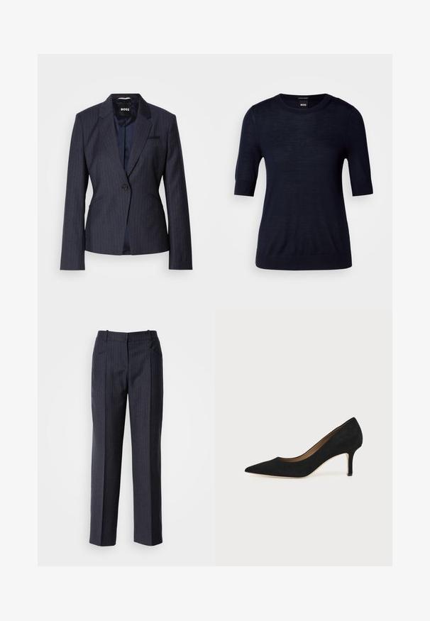 Blazer à rayures bleu marine foncé avec une fermeture à un bouton, des revers crantés et deux poches avant. Doublure intérieure lisse visible.; Pull bleu marine à manches courtes en tissu tricot léger. Il présente un col rond et une finition côtelée pour un look ajusté.; Pantalons cintrés gris foncé avec des rayures verticales, design à jambe droite, taille avec passants de ceinture et deux poches avant.; Escarpin en daim noir à bout pointu avec un talon stiletto fin de hauteur moyenne et un design à coupe basse sur un fond uni.