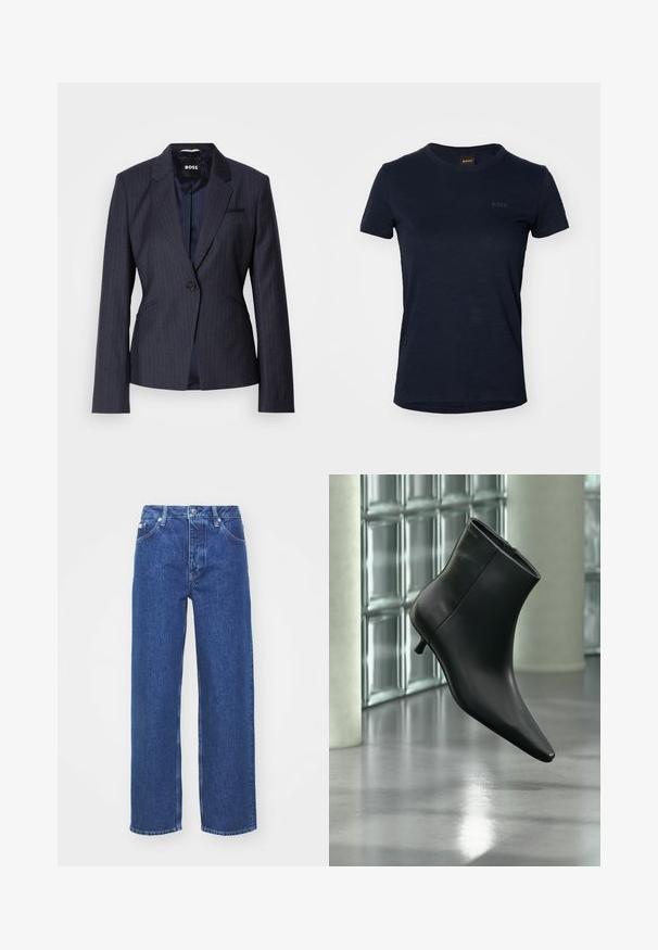Blazer à rayures bleu marine foncé avec une fermeture à un bouton, des revers crantés et deux poches avant. Doublure intérieure lisse visible.; T-shirt à manches courtes bleu marine en tissu doux. Doté d'un col rond et d'un logo imprimé discret sur le devant.; Jeans en denim bleu à jambe large avec taille haute, dotés d'un zip et d'une fermeture à bouton, de passants de ceinture et de détails légèrement décolorés sur le tissu.; Bottine en cuir noir à bout pointu et petit talon kitten, présentée en angle devant un sol poli et un mur en blocs de verre.